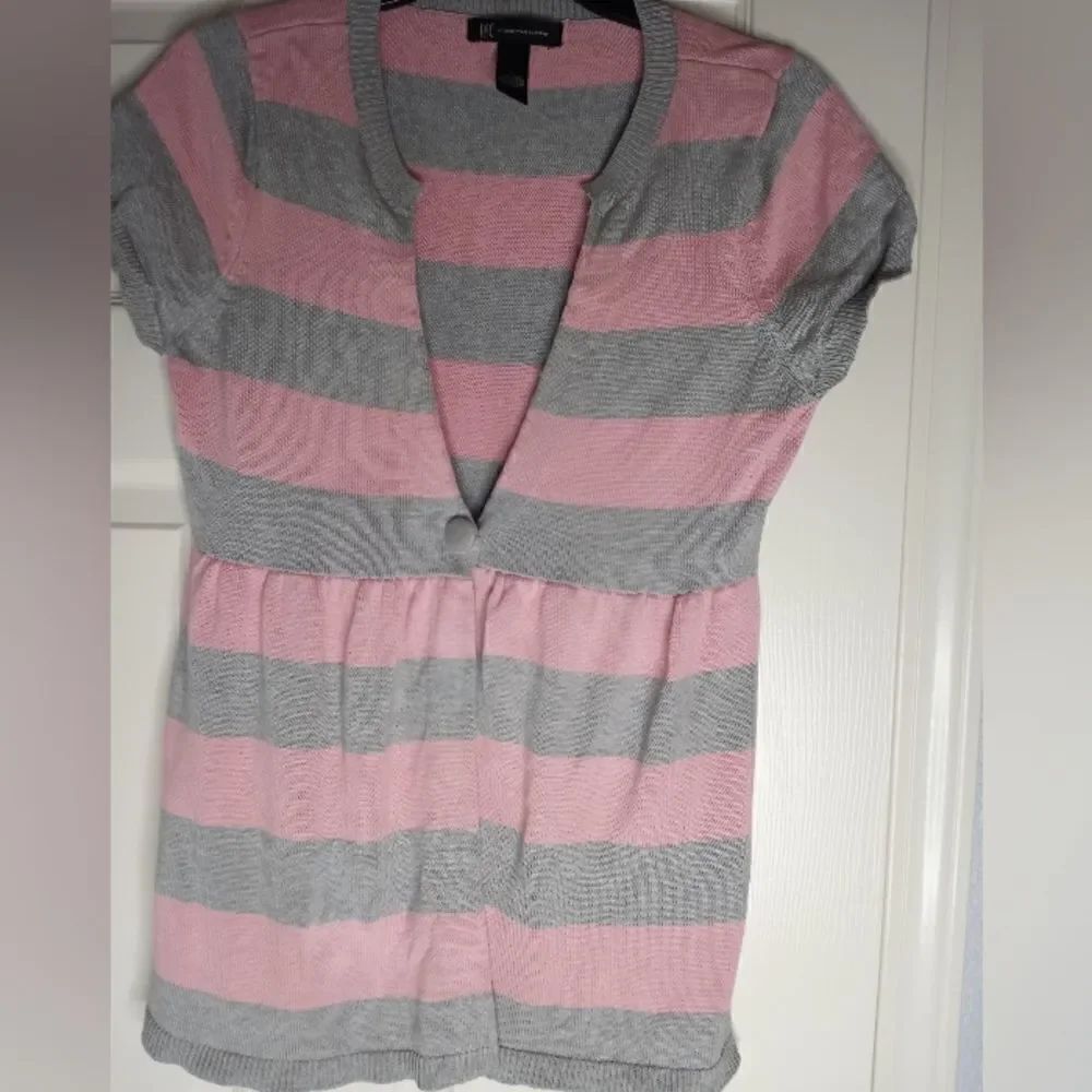 INCInternationalConcepts L SILKBlend PinkGrayStripedShrtSlvKnit Women'sCardigan.